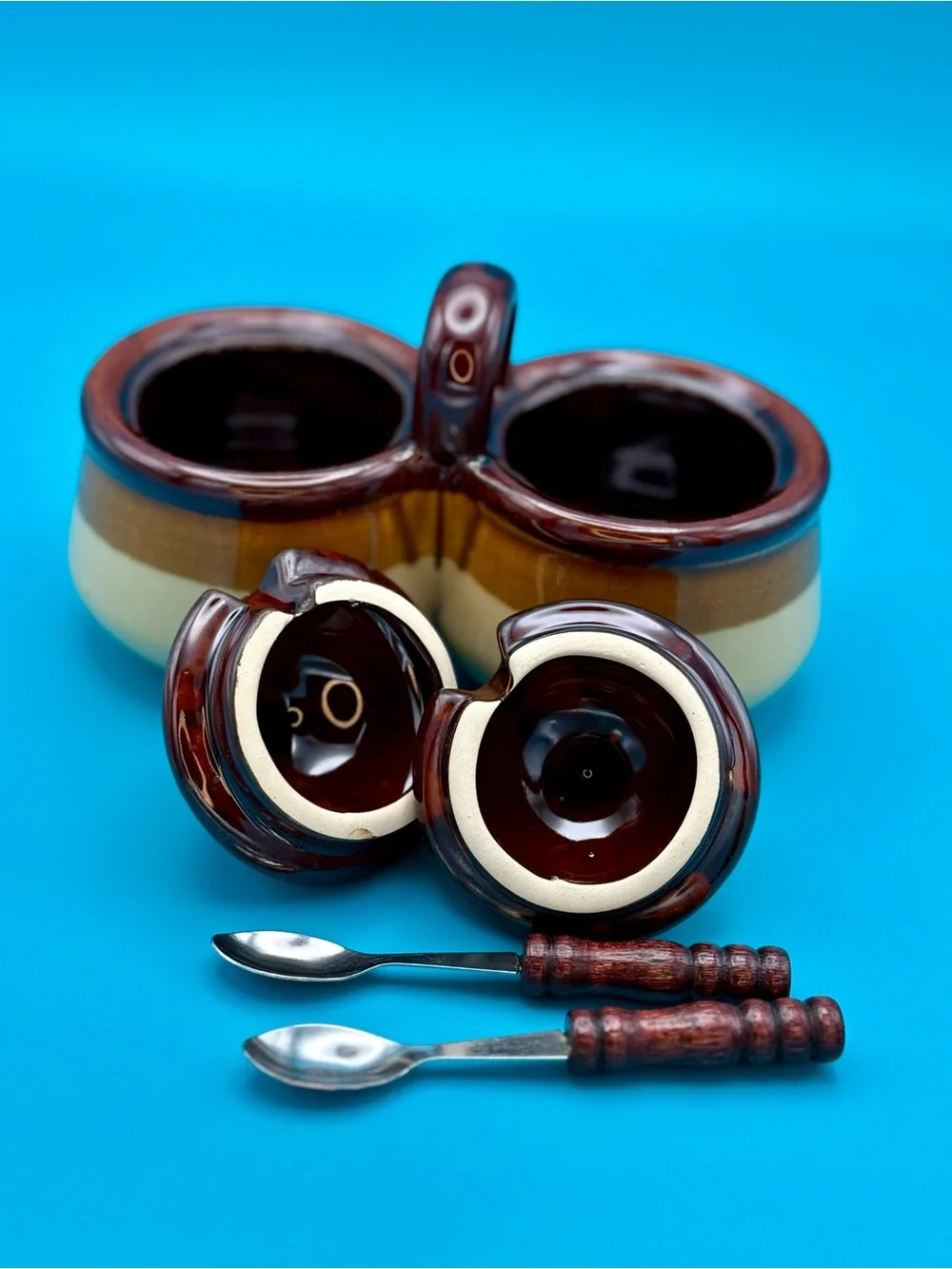 Vintage Double Condiment Pot with Spoons - Brown and Cream
